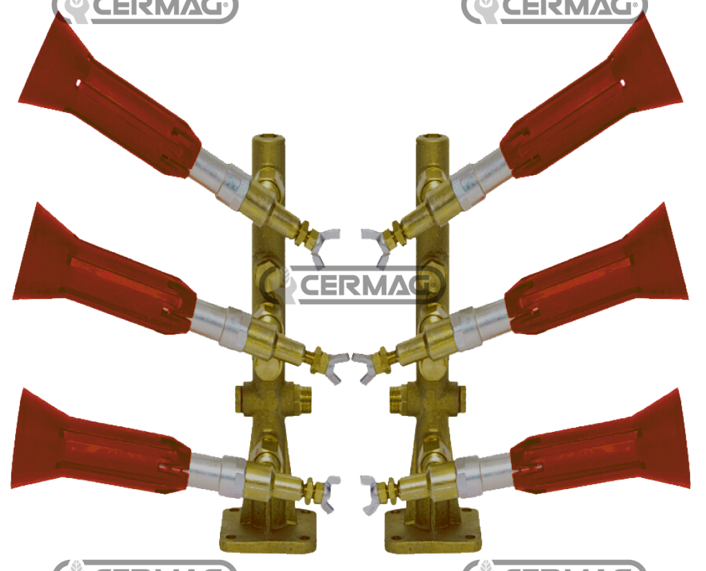 Una coppia di ugelli spray rossi con la scritta cermag sul fondo
