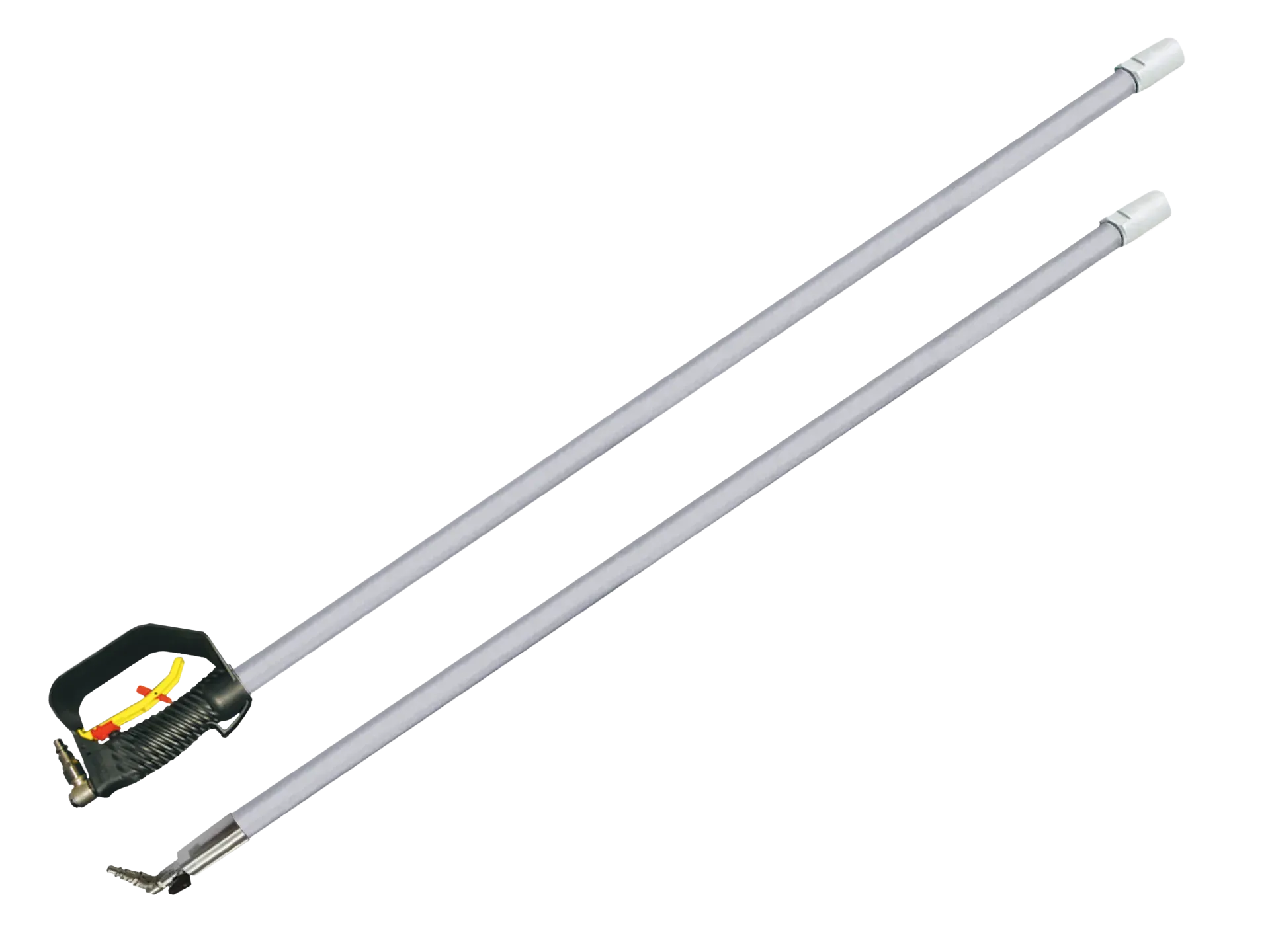 Un paio di lunghi pali di metallo con manico su sfondo bianco.