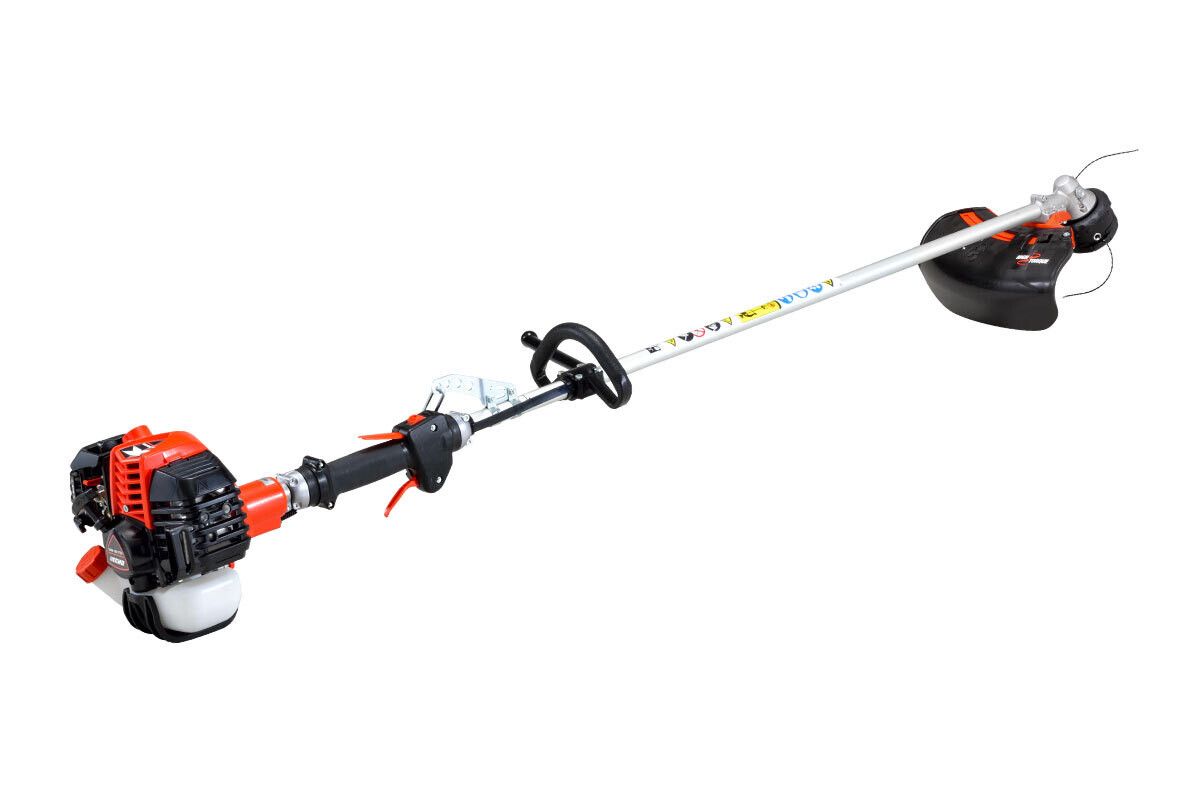 Un decespugliatore è raffigurato su uno sfondo bianco.