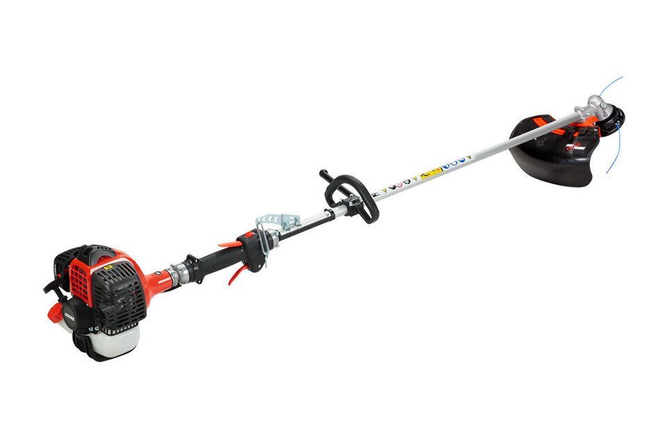 Un decespugliatore è raffigurato su uno sfondo bianco.