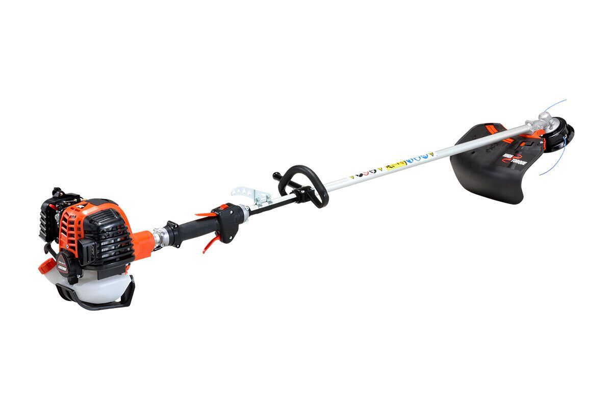 Un decespugliatore è raffigurato su uno sfondo bianco.