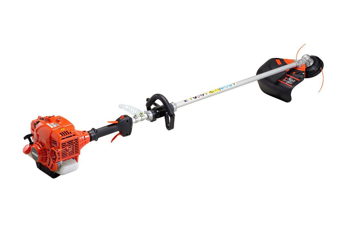 Un decespugliatore è raffigurato su uno sfondo bianco.