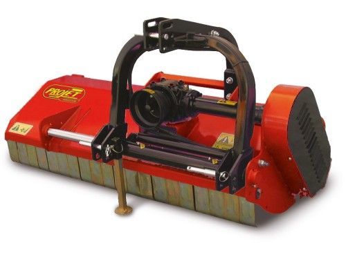 Un trattore tosaerba rosso e nero con una maniglia nera su uno sfondo bianco.