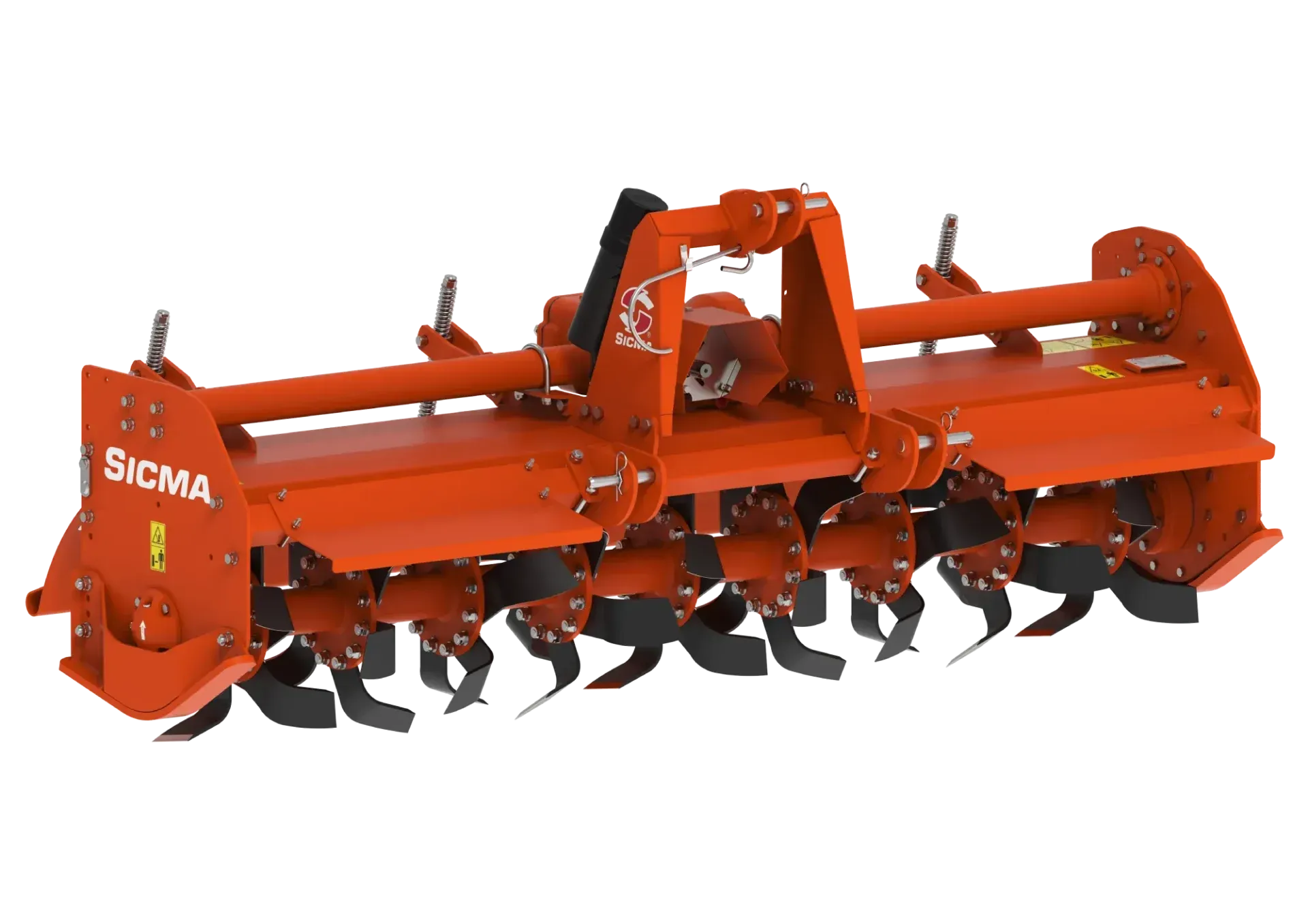 Un trattore rosso con denti neri su sfondo bianco.