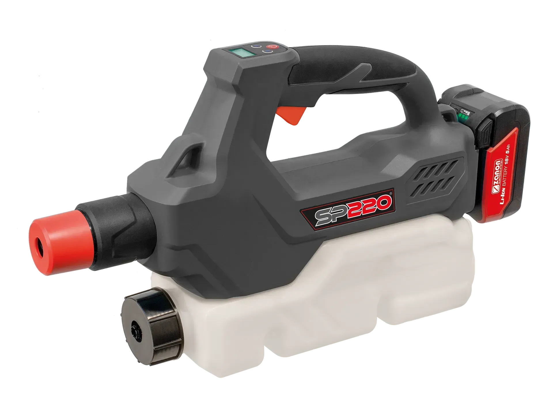 Uno spruzzatore portatile nero e rosso con una batteria collegata.