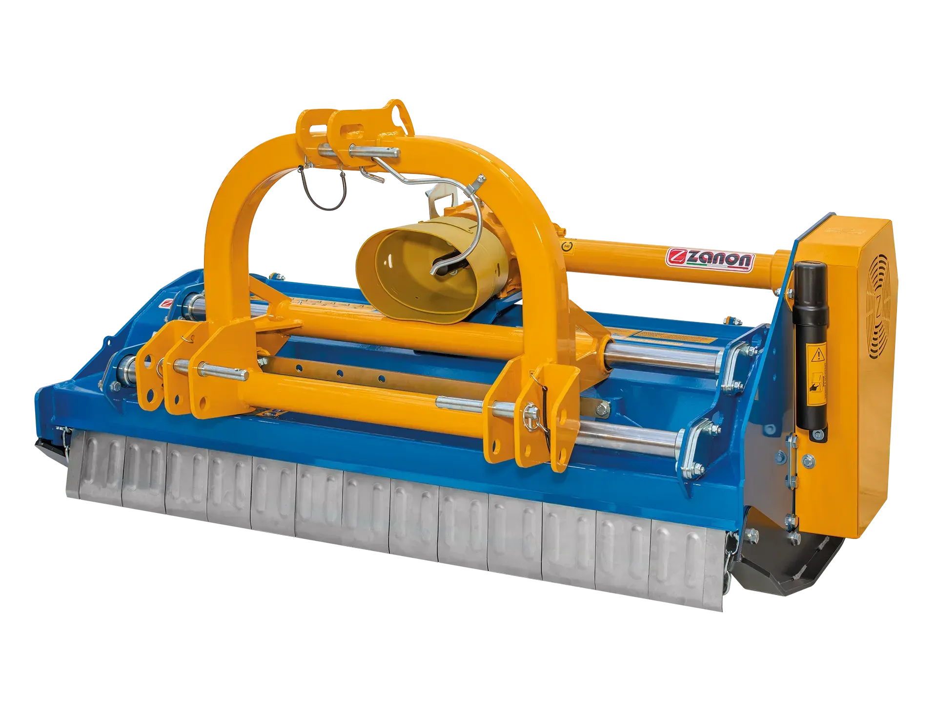 Una macchina blu e gialla è appoggiata su una superficie bianca.