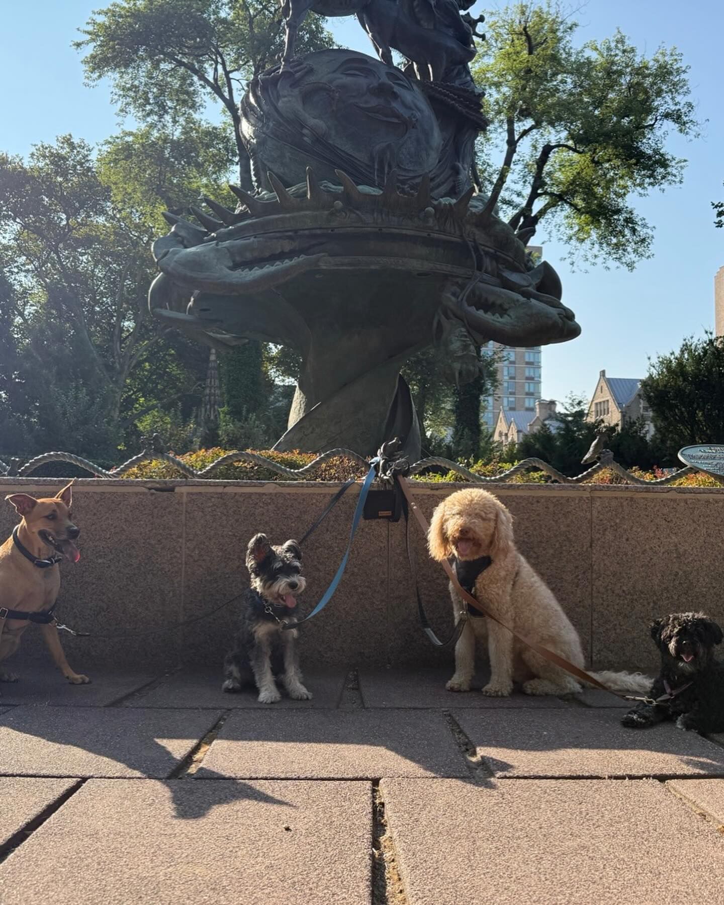 Four dogs on leashes sit in front of a bronze fountain; sunny day.