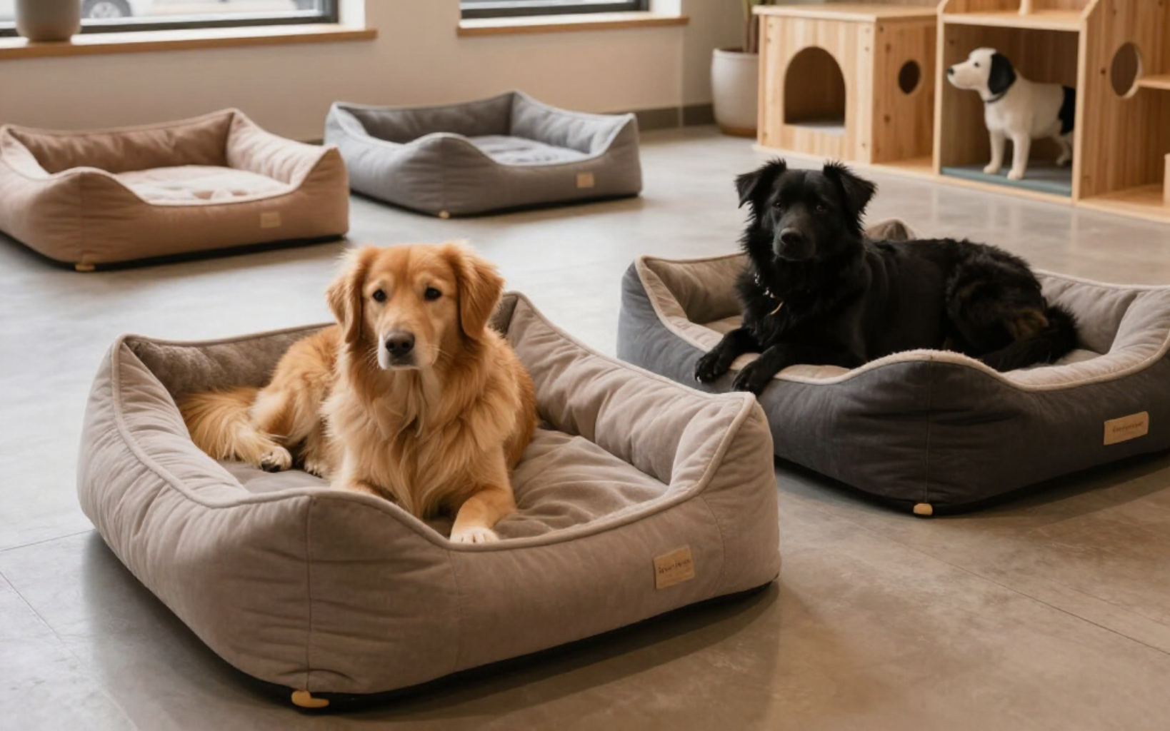 Two dogs lying in beige pet beds in a bright indoor room