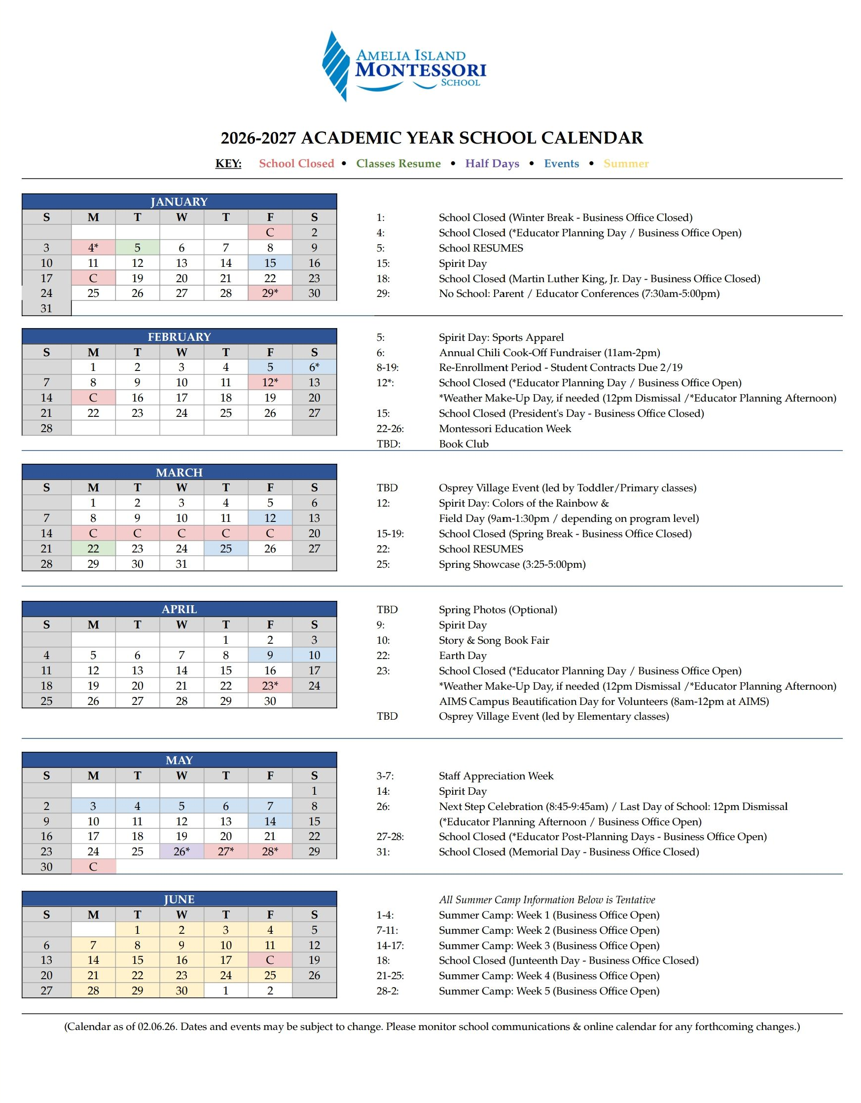 2026 - 2027 Academic Calendar