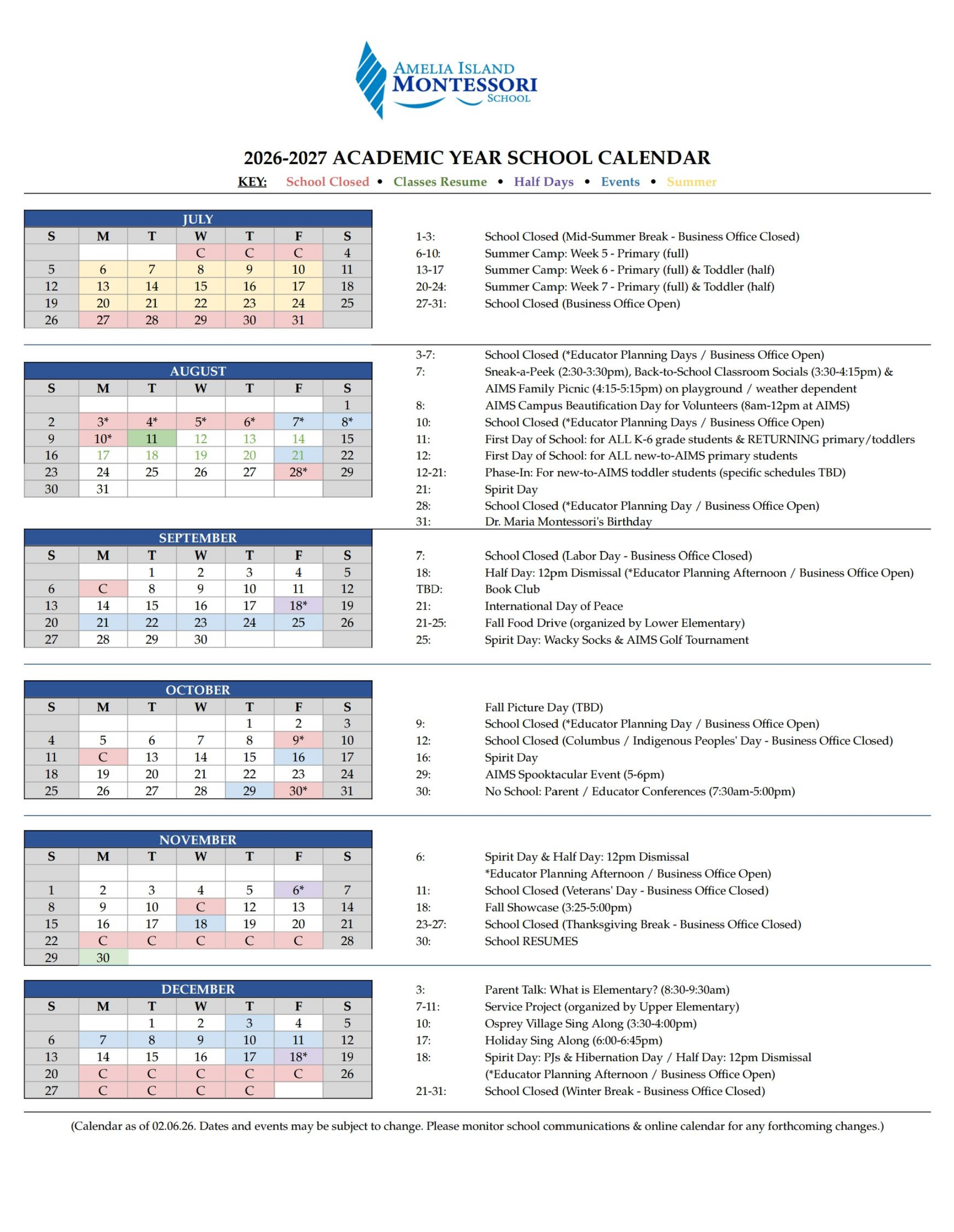 2026 - 2027 Academic Calendar