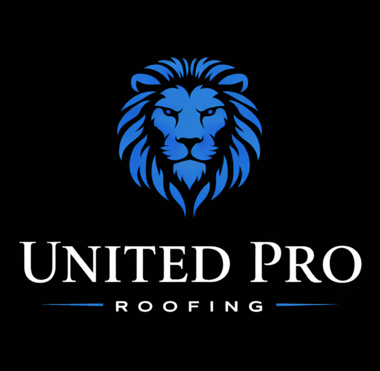 Blue lion head logo above “United Pro Roofing” on a black background