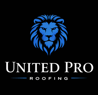 Blue lion head logo above “United Pro Roofing” on a black background