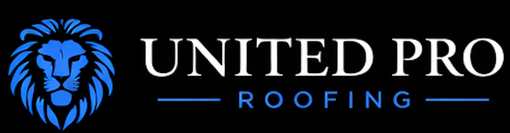 United Pro Roofing logo with stylized white house roof over blue and silver text on black background