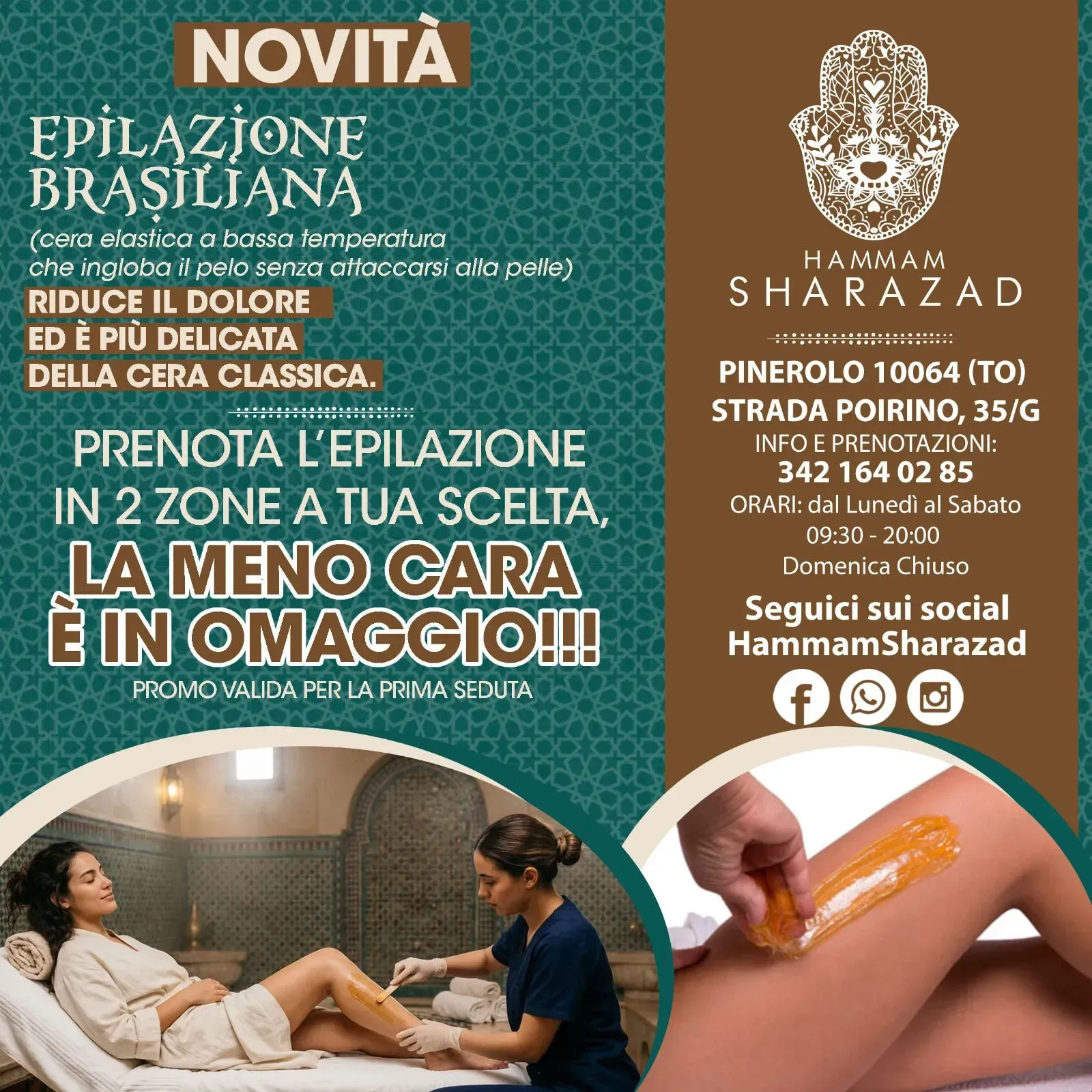Poster pubblicitario verde per epilazione brasiliana Hammam Sharazad con foto di trattamento e gamba con ceretta