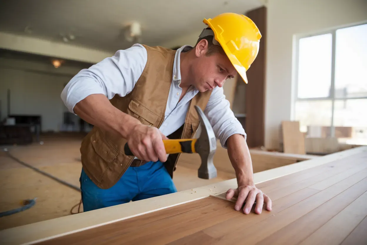 A man wearing a hard hat is hammering a nail into a piece of wood.