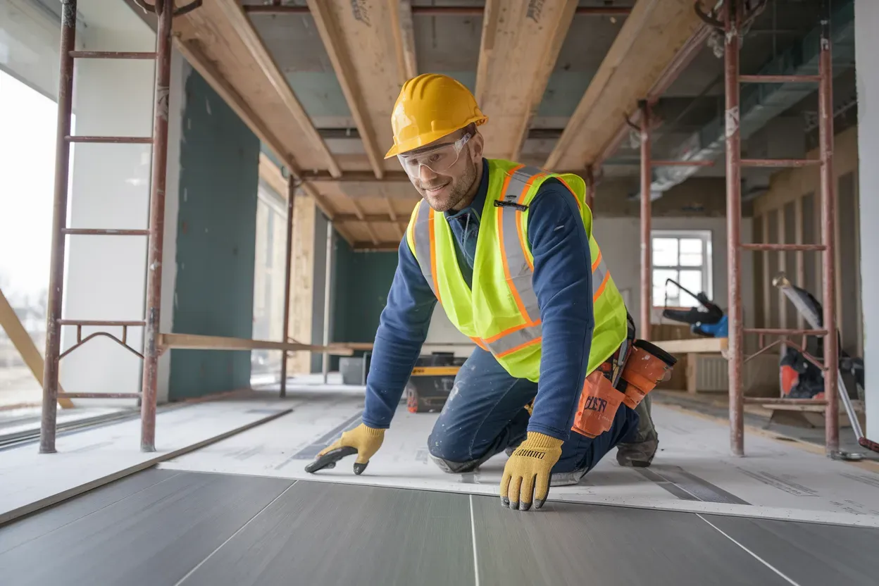 A construction worker is measuring the floor of a building under construction.