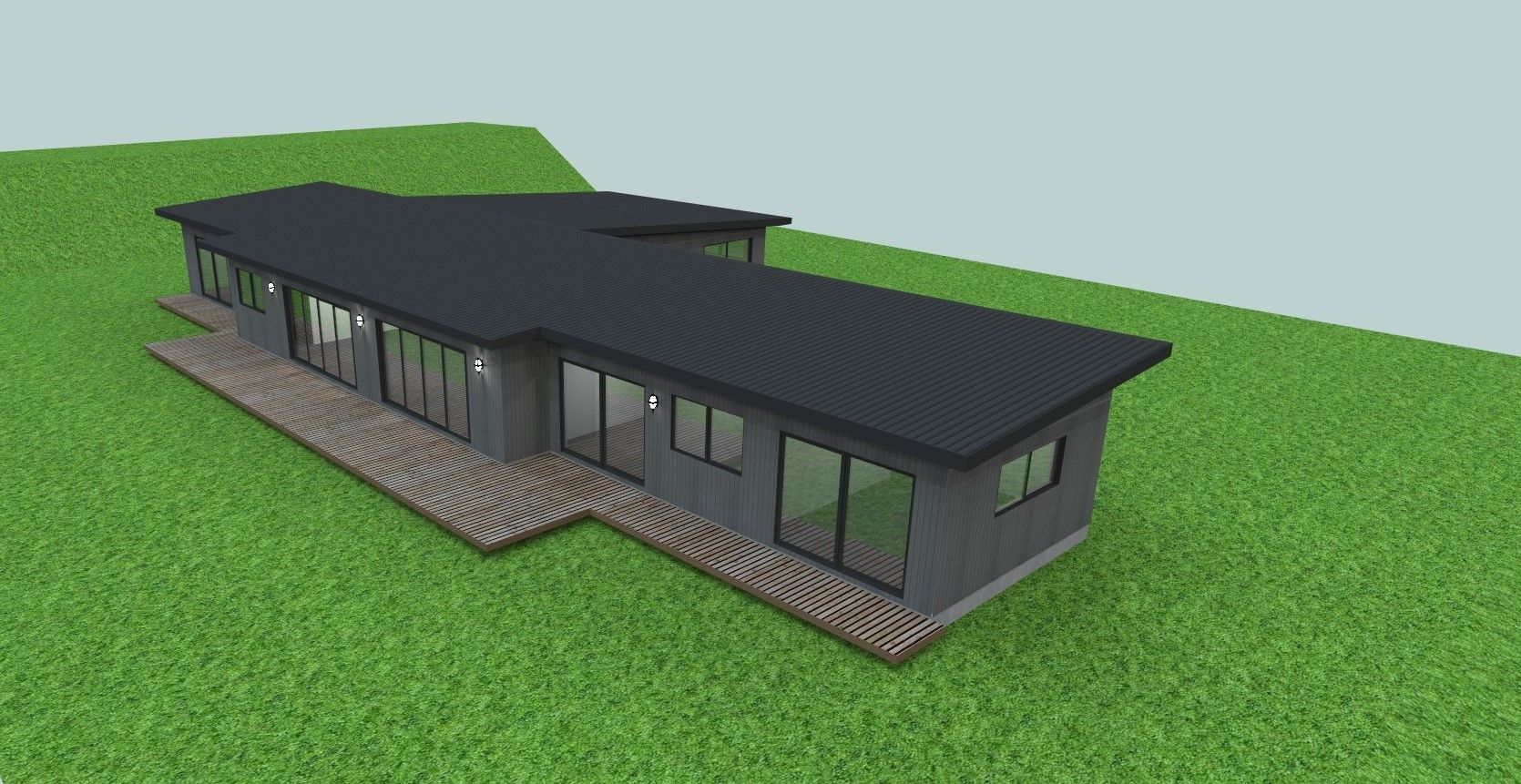 A 3d model of a house sitting on top of a lush green field.