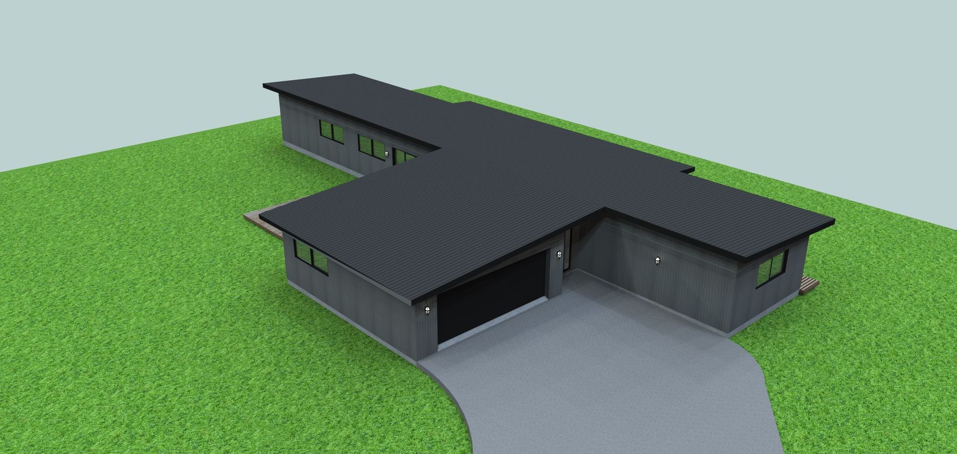 A 3d model of a house with a garage and a driveway.