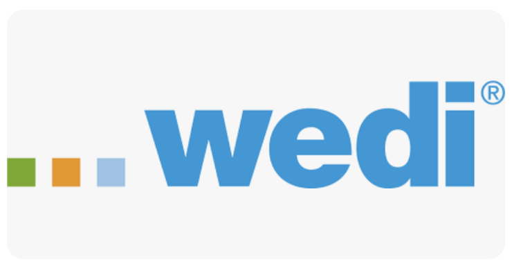 A blue and white logo for wedi on a white background