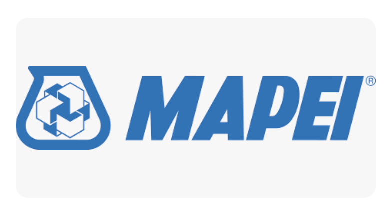 A blue and white logo for mapei on a white background.