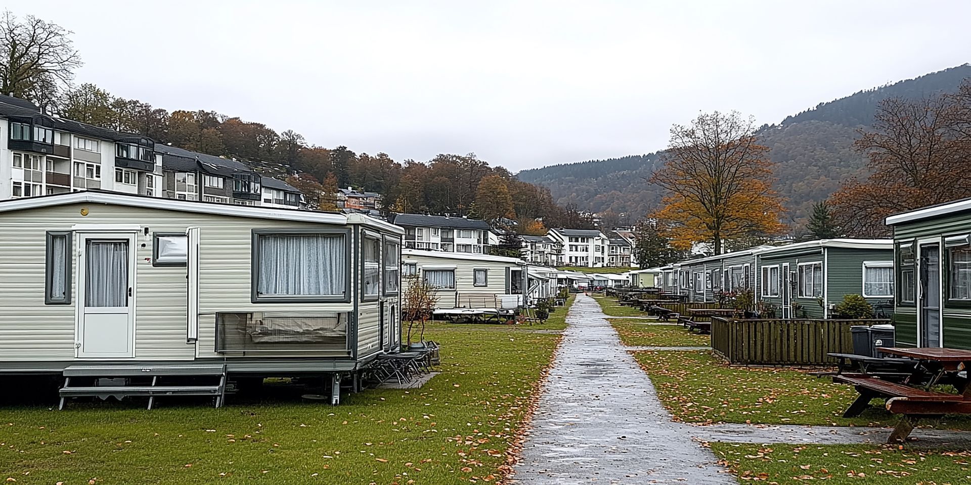 A row of mobile homes in a park on a rainy day.