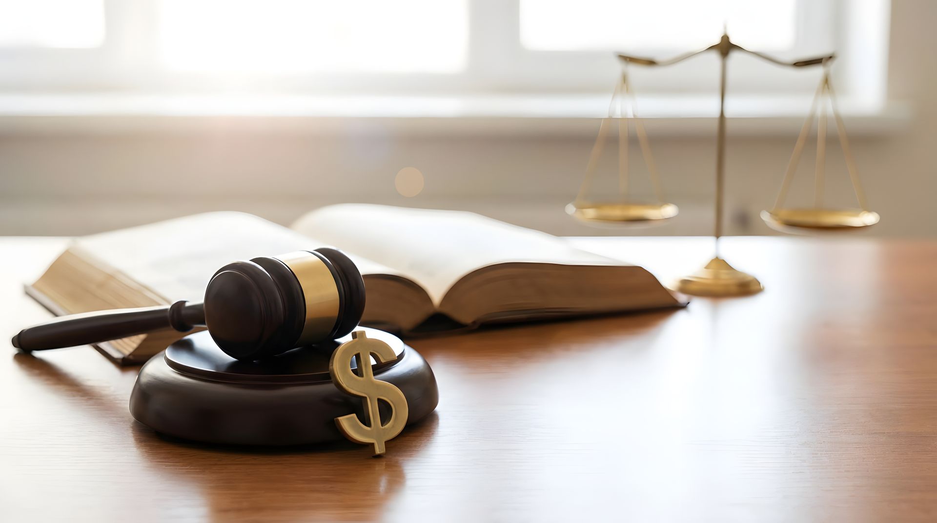 Judge gavel with golden dollar sign, scales of justice, and open law book on wooden table. Judge gavel with golden dollar sign, scales of justice, and open law book on wooden table.
