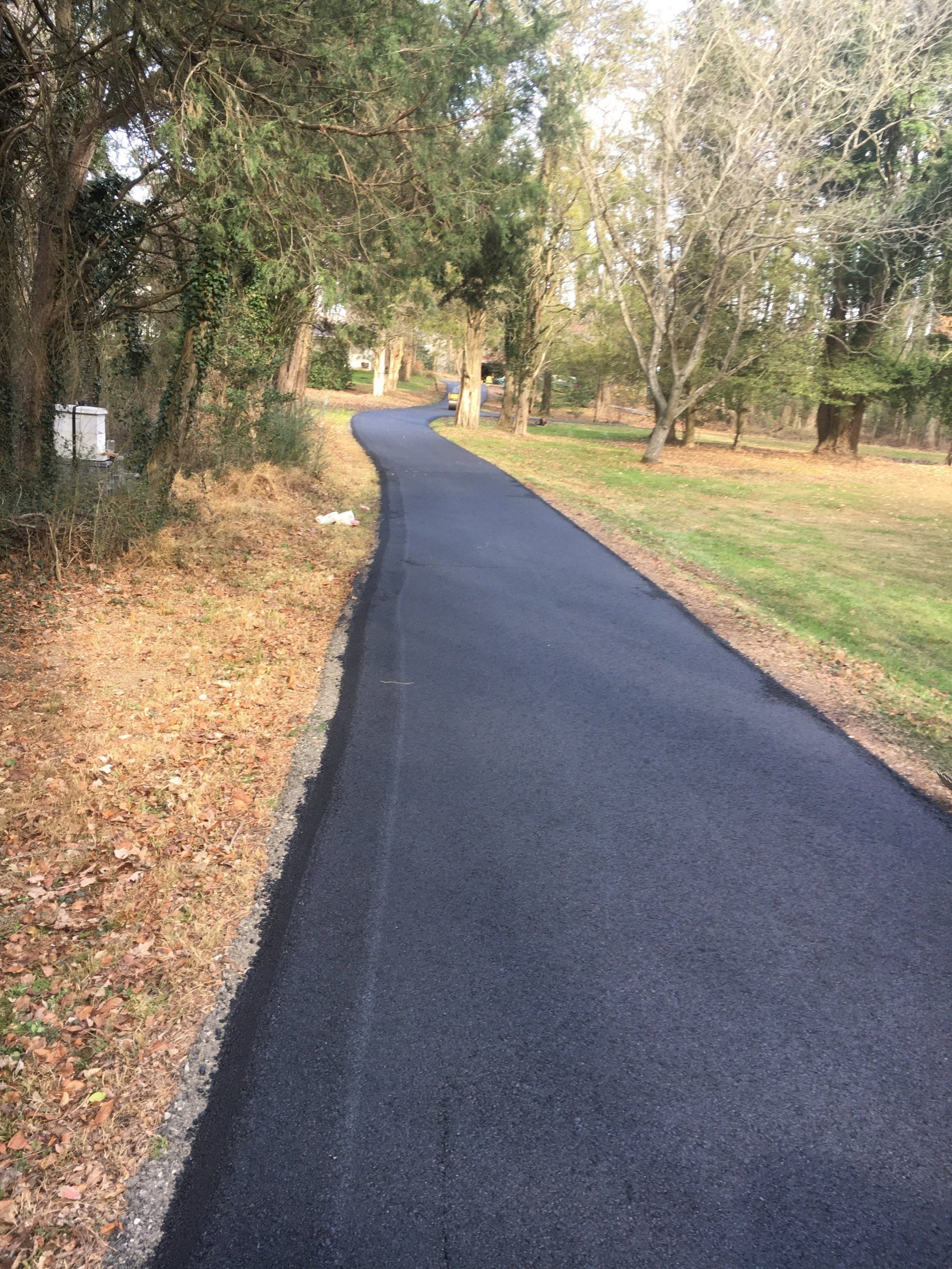 Black asphalt road curves through a grassy area lined with trees.