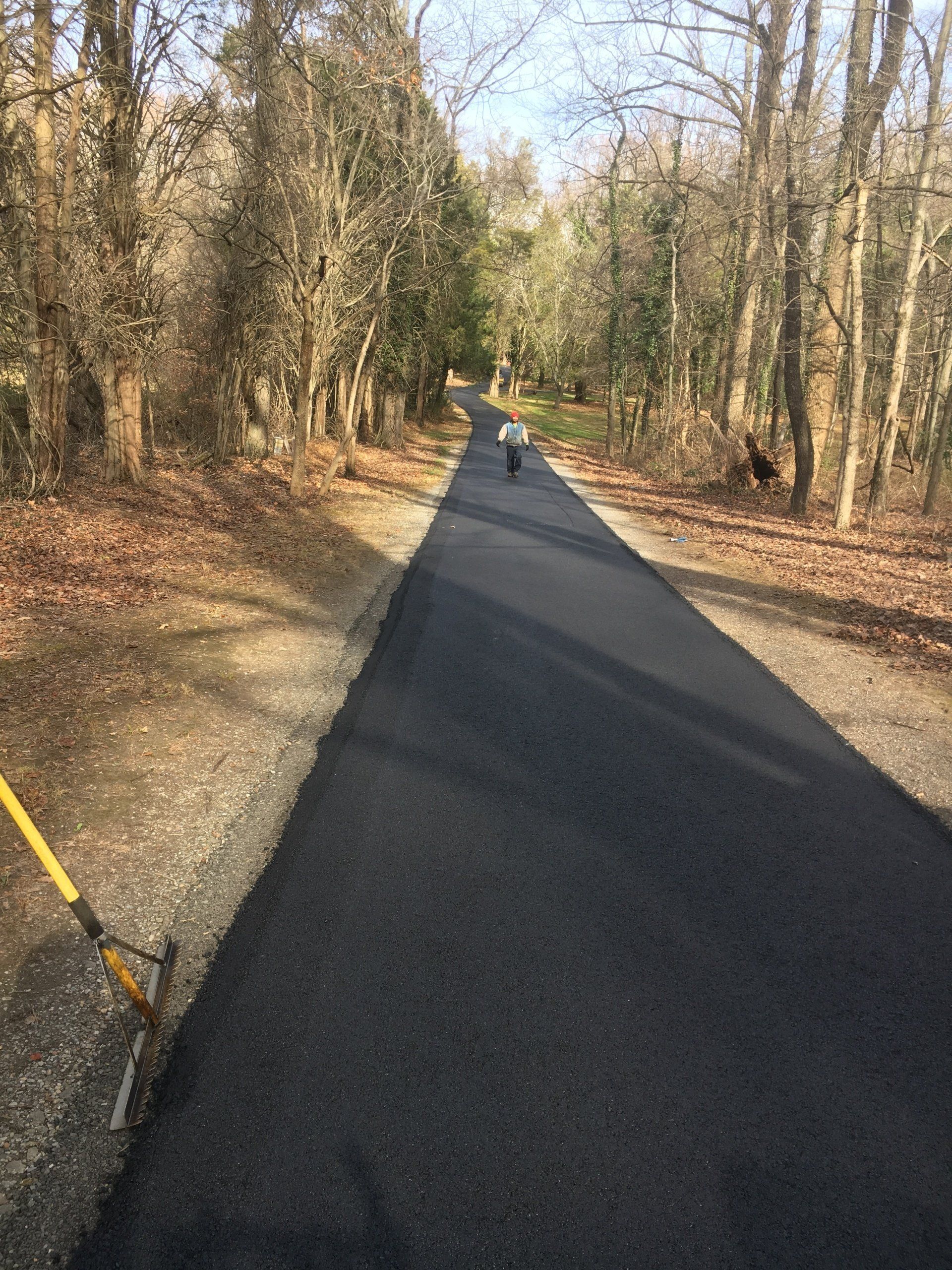 Newly paved asphalt path winding through a forest, leading to a person walking in the distance.