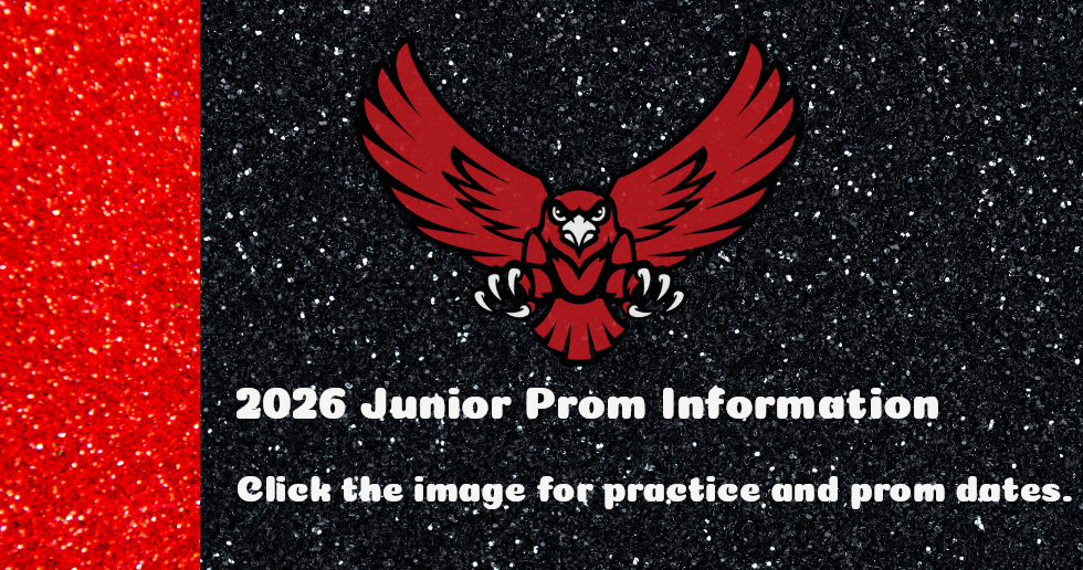Red hawk logo on glitter background with text 