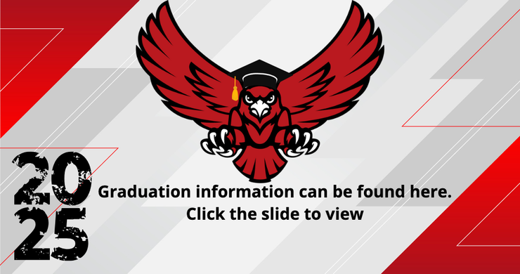 A red owl wearing a graduation cap and gown is flying in the air.