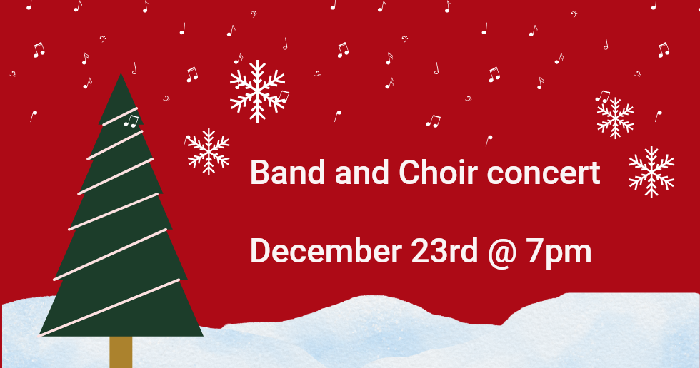 Red banner with a Christmas tree, snowflakes, musical notes, and text: 