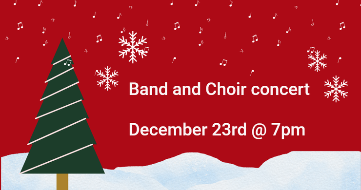 Red banner with a Christmas tree, snowflakes, musical notes, and text: 