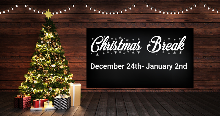 Christmas Break announcement: Christmas tree, string lights, presents, and text on a black background, December 24th - January 2nd.