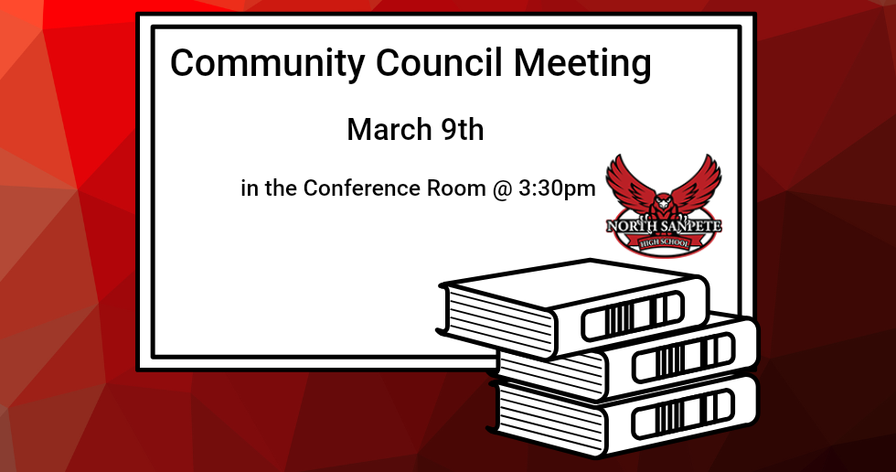 Community Council Meeting announcement: March 9th at 3:30pm in the Conference Room, with books and a logo on red background.