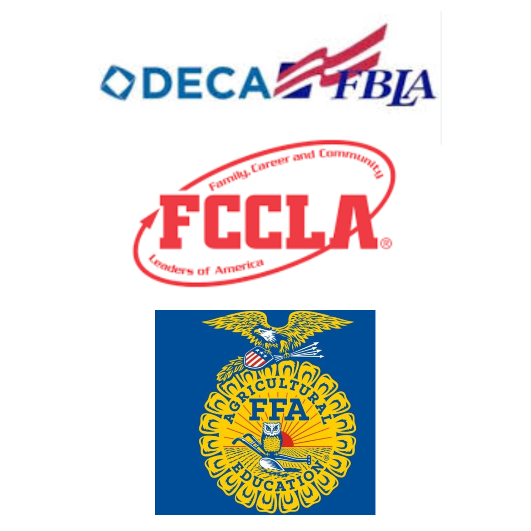 DECA/FBLA, FCCLA,FFA logos stacked on top of one another