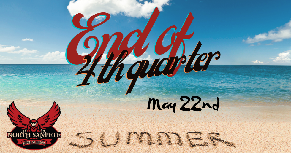 Beach event poster reading “End of 4th quarter,” “May 22nd,” and “Summer,” with sea, sand, and a red logo