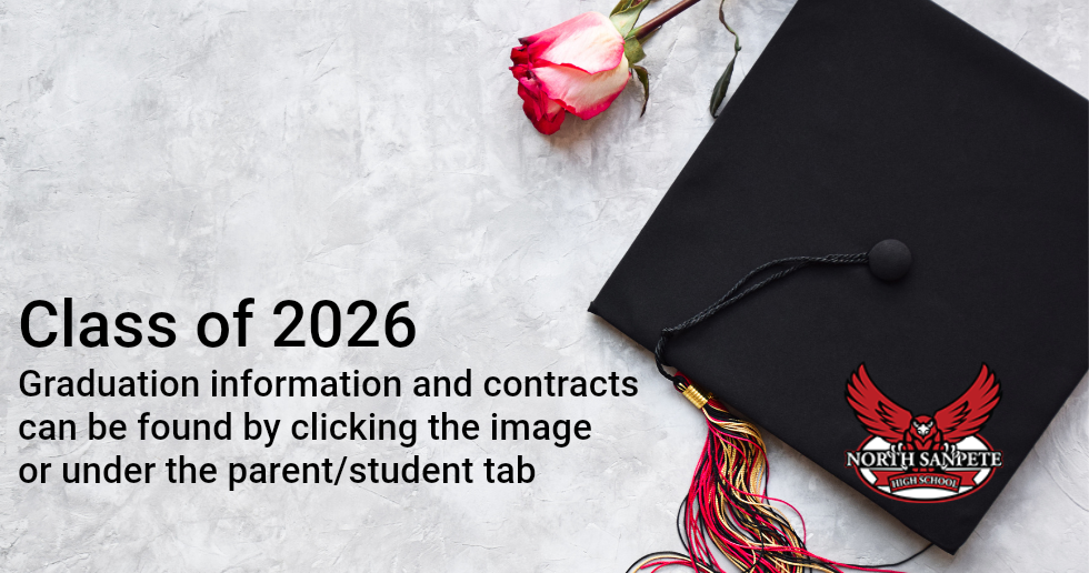 Class of 2026 graduation info banner with black cap, rose, and eagle emblem on gray background