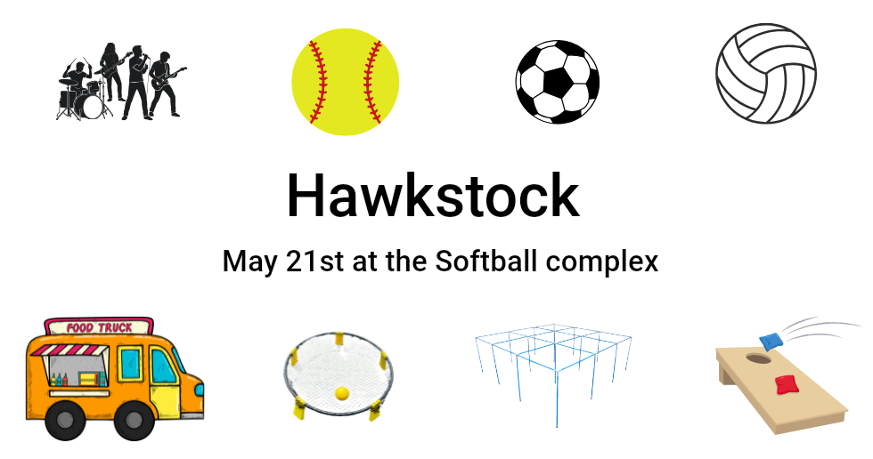 Hawkstock event poster with sports icons and “May 21st at the Softball complex” text