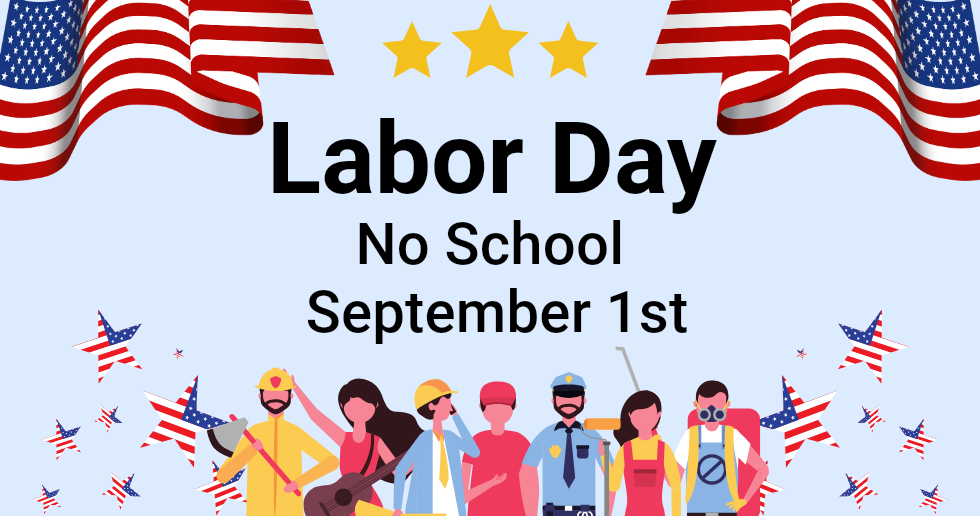 Labor Day graphic: American flags, stars, workers, and 