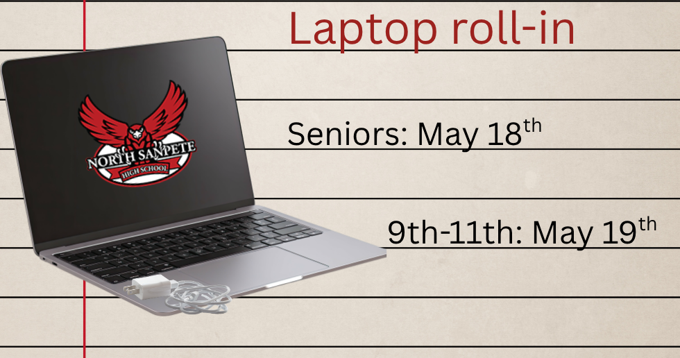 Laptop roll-in schedule with a laptop graphic: Seniors May 18, 9th–11th May 19