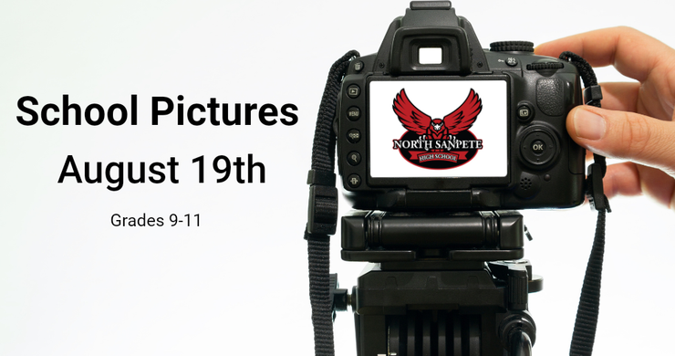 School picture announcement: DSLR camera displaying school logo, hand adjusting, August 19th. For grades 9-11.
