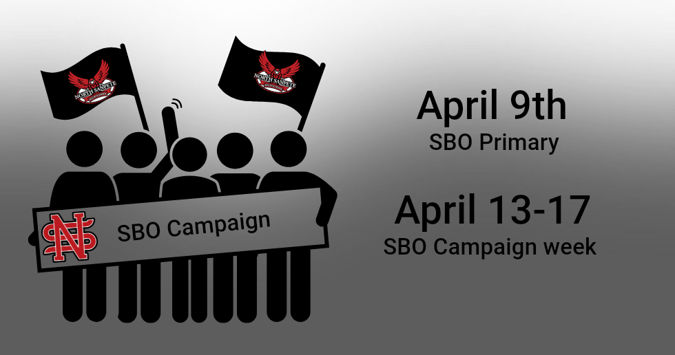 Graphic of stick figures holding banners and flags, announcing SBO Primary on April 9th and SBO Campaign week April 13-17.