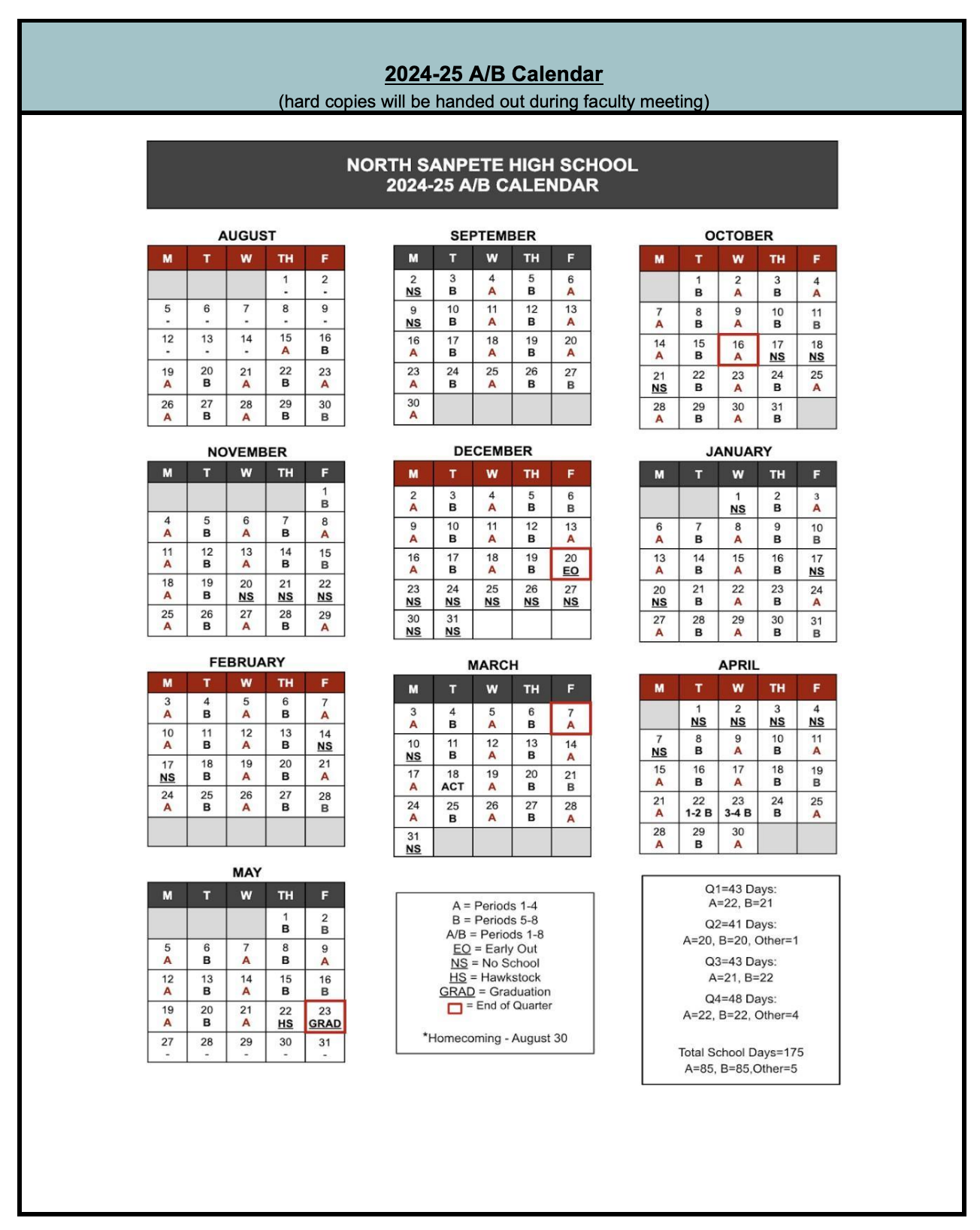 A calendar for the north sanpete high school.A/B Calendar.