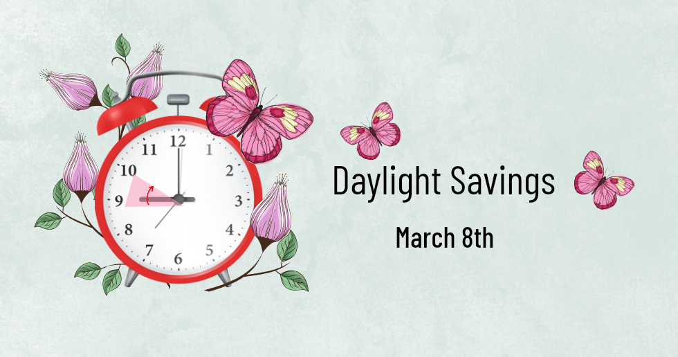 Red clock with butterflies and floral accents, Daylight Savings March 8th.