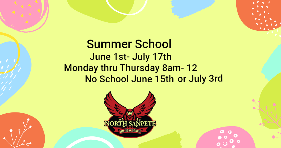 Summer school schedule on colorful pastel background with dates, times, and school logo.