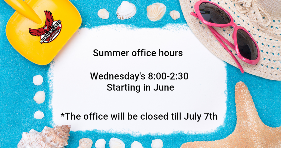 Summer office hours notice: Wednesday 8:00–2:30, starting in June, on a beach-themed background