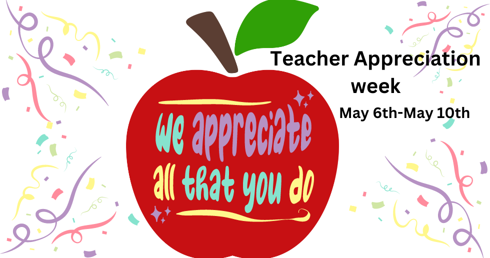 A red apple with the words `` we appreciate all that you do '' on it. Teacher appreciation week May 6-10
