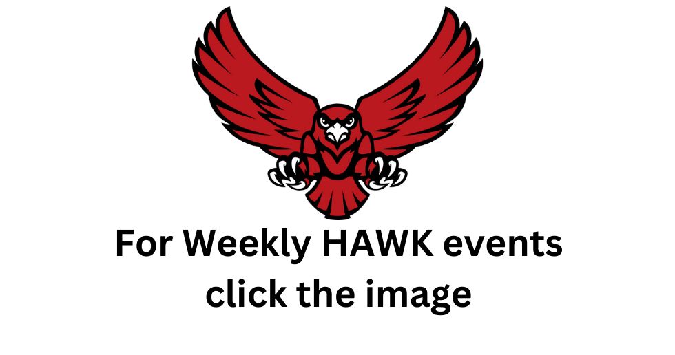 a picture of a red hawk with the words `` for weekly hawk events click the image '' below it .