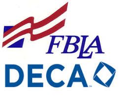 FBLA and DECA logos. FBLA features a red, white, and blue flag. DECA is beneath. Blue text and diamond symbol.