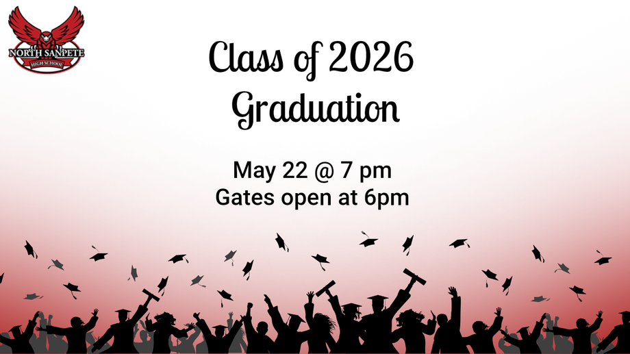 Class of 2026 graduation announcement with black crowd silhouettes and birds at sunset; May 22 at 7 pm, gates open at 6 pm